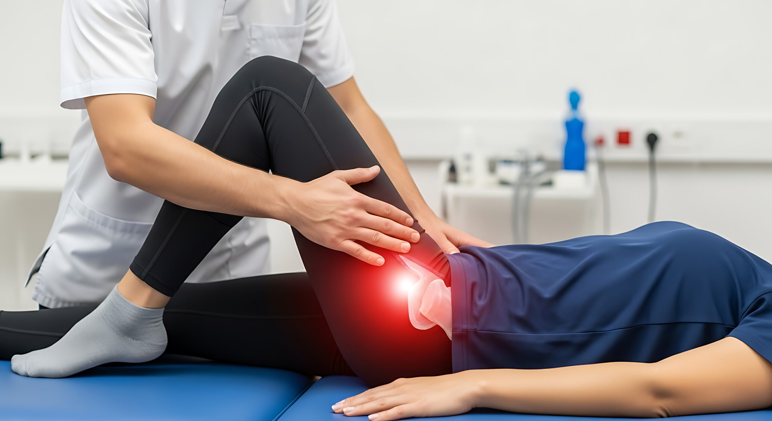 Physical therapy for hip pain. Physiotherapist examining patient's hip, with glowing visualization highlighting the painful joint.